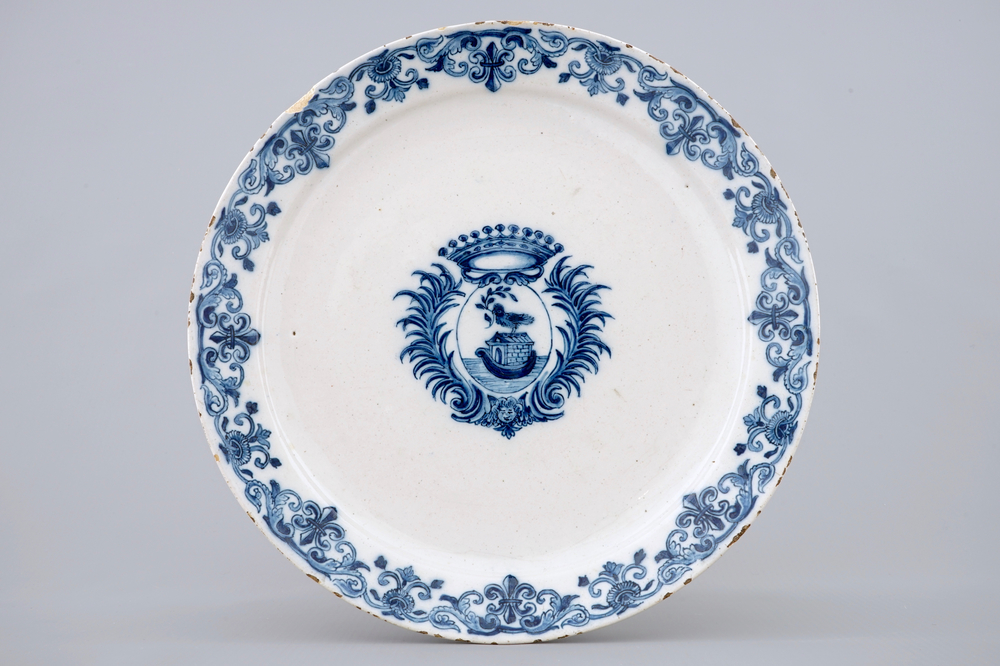 A blue and white Dutch Delft armorial plate, 18th C.